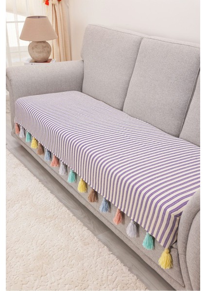 Renkli Püsküllü Mor Çizgili Koltuk Örtüsü 90X210CM,