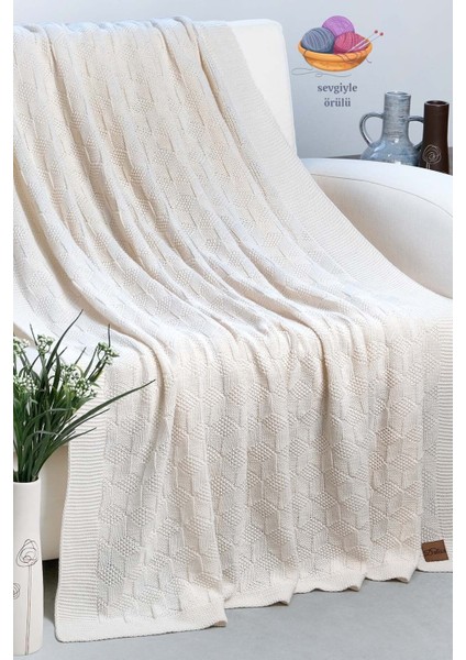 Cups Labirent Desen Triko Örme Koltuk Şalı Beyaz - 130X170