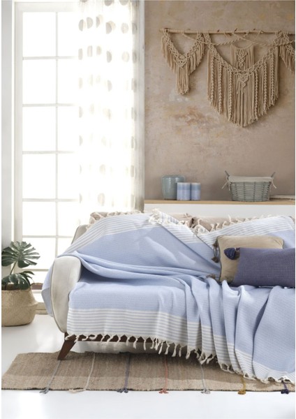 Bergama Bebek Mavi Buldan Koltuk Örtüsü 170 x 200 cm Koltuk Şalı Kanepe Çekyat Örtüsü Pamuklu Throw