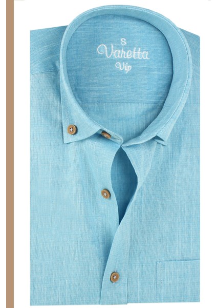 Erkek Okyanus Mavi Uzun Kollu Keten Efektli Cepli Pamuklu Gömlek