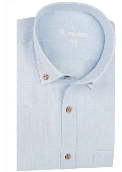 Erkek Mavi Uzun Kollu Keten Efektli Cepli Pamuklu Gömlek