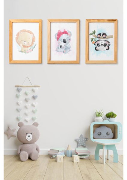 Sevimli Hayvanlar 3'lü Tablo Seti – Aslan, Koala ve Panda