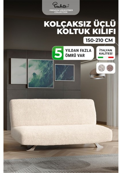 Lastikli Esnek ve Yıkanabilir Kolçaksız 3 Kişilik Koltuk Örtüsü Kanepe Kılıfı - Vanilya