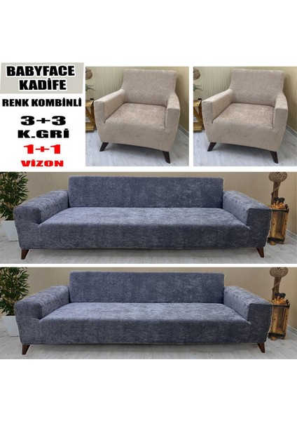 Babyface Kadife Kumaş Renk Kombinli 2 Adet Üçlü & Çekyat- 2 Adet Tekli Set Koltuk Kılıfı
