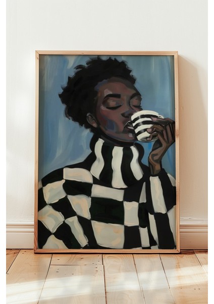 Modern Çizim Doğal Ahşap Çerçeveli Duvar Tablosu