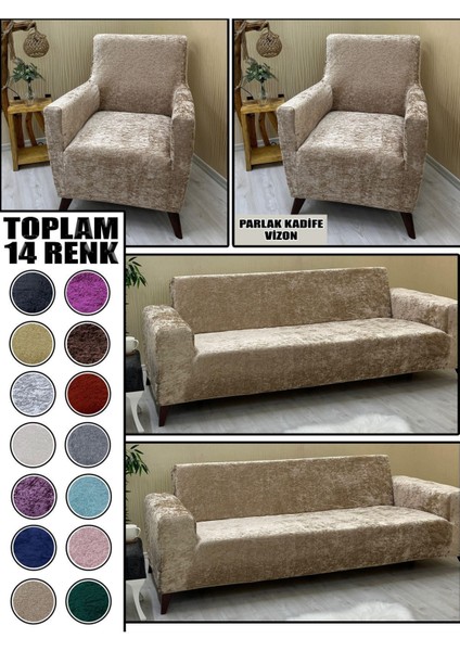 Parlak Kadife Kumaş 2 Adet Üçlü & Çekyat- 2 Adet Tekli Set Koltuk Kılıfı
