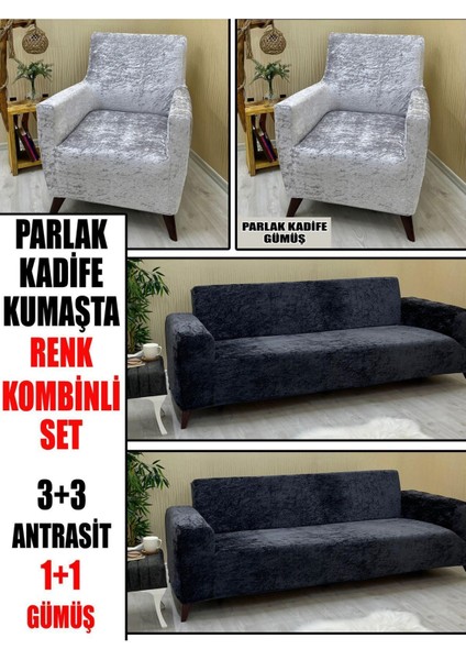 Parlak Kadife Kumaş Renk Kombinli 2 Adet Üçlü & Çekyat- 2 Adet Tekli Set Koltuk Kılıfı