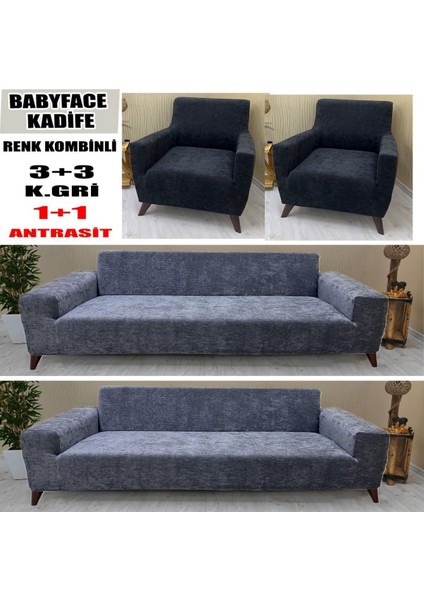 Babyface Kadife Kumaş Renk Kombinli 2 Adet Üçlü & Çekyat- 2 Adet Tekli Set Koltuk Kılıfı