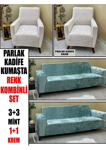 Parlak Kadife Kumaş Renk Kombinli 2 Adet Üçlü & Çekyat- 2 Adet Tekli Set Koltuk Kılıfı