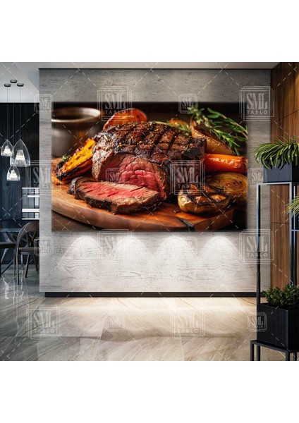 Baharatlı Biftek Pişmiş Kızarmış Et Izgara Mangal Sığır Dana Inek Kasap Dükkanı Yatay Kanvas Tablo
