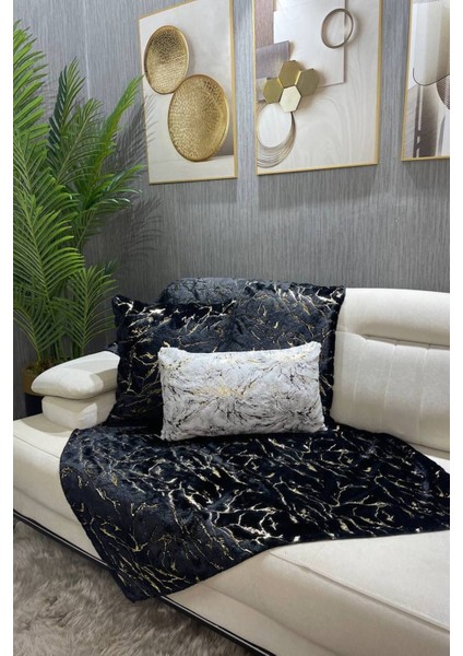 Peluş Varaklı Koltuk Şalı -Siyah ( Gold Mermer Desen )