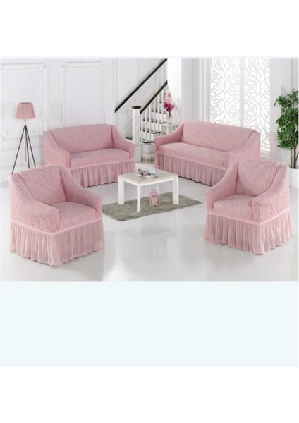 Pembe Bürümcük Lastikli Etekli Koltuk Kanepe Örtüsü Takımı Koltuk Kanepe Kılıfı