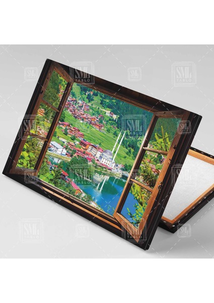 Uzungöle Açılan Pencere Karadeniz Uzun Göl Yayla Göl Manzarası Köy Evi Yatay Kanvas Tablo fiyatları