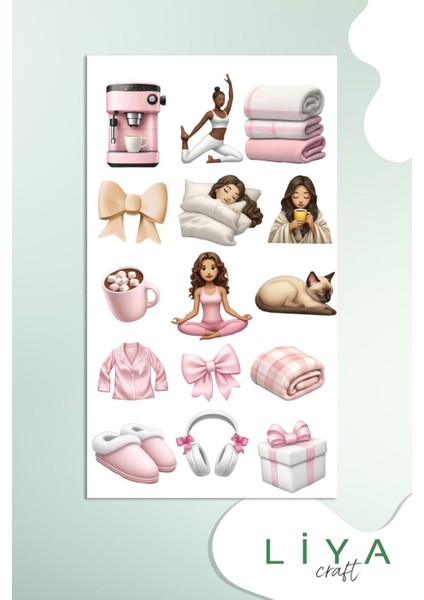 Pembe Sticker Set Sevimli Coffe Pink Yoga Set Ajanda Bullet Journal Için Uygun Set
