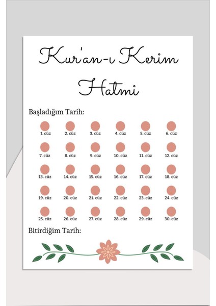 Kur'an-I Kerim Hatim Çizelgesi