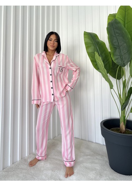Kadın Cepli Şeritli ve Şık Biye Detaylı Pamuklı Viskon Ikili Pembe Pijama Takımı fiyatları