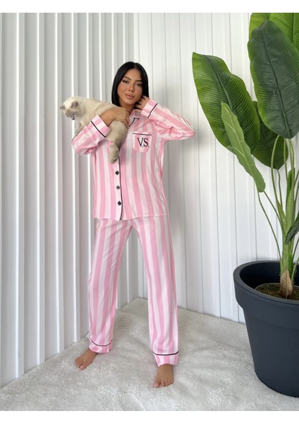 Kadın Cepli Şeritli ve Şık Biye Detaylı Pamuklı Viskon Ikili Pembe Pijama Takımı modelleri