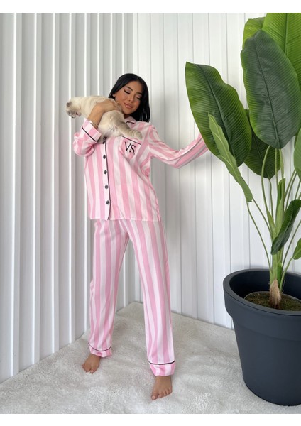 Kadın Cepli Şeritli ve Şık Biye Detaylı Pamuklı Viskon Ikili Pembe Pijama Takımı fırsatları