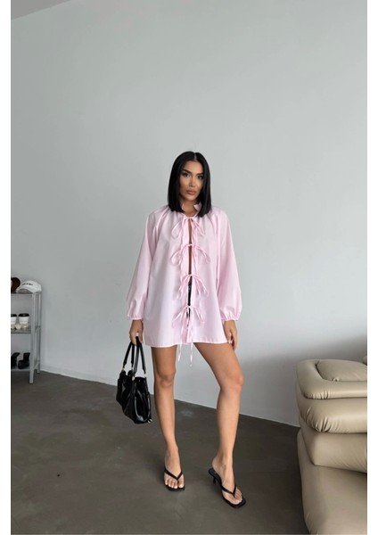 Gömlek Poplin Hakim Yaka Önden Bağlama Ip Detaylı - Pembe