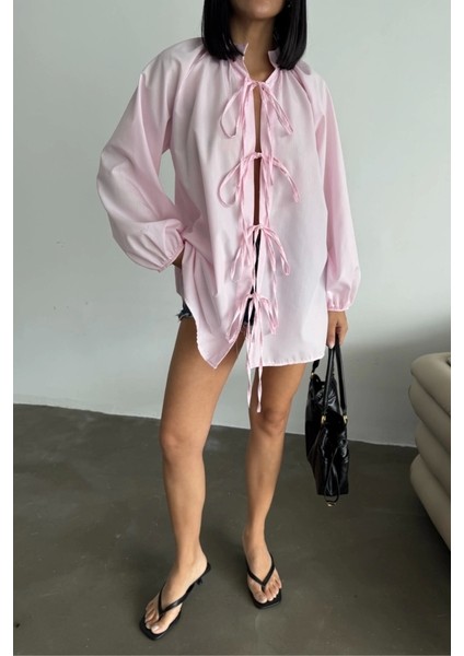 Gömlek Poplin Hakim Yaka Önden Bağlama Ip Detaylı - Pembe modelleri