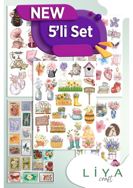 5'li Sevimli Sticker Vintage Girl Kadın Set Ajanda Bullet Journal Için Uygun Set