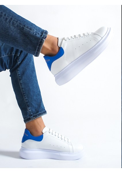 Hakiki Deri Sneaker Beyaz-Mavi Erkek Sneaker Spor Ayakkabı