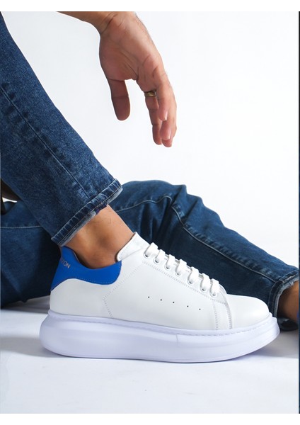 Hakiki Deri Sneaker Beyaz-Mavi Erkek Sneaker Spor Ayakkabı fırsatları