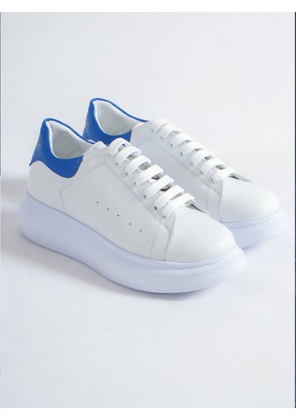 Hakiki Deri Sneaker Beyaz-Mavi Erkek Sneaker Spor Ayakkabı indirimleri