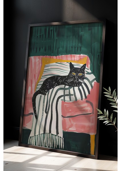 Soyut Kedi Sanatı Ahşap Çerçeveli Duvar Kedi Tablosu