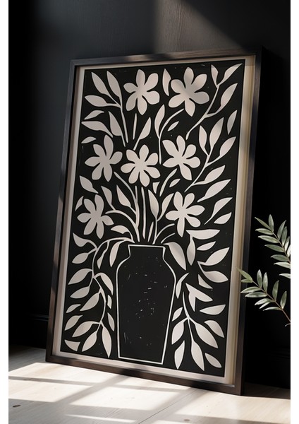 Çiçek Vazosu Siyah Beyaz Baskı Sanatı Ahşap Çerçeveli Duvar Tablosu