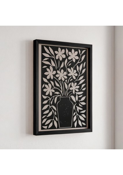 Çiçek Vazosu Siyah Beyaz Baskı Sanatı Ahşap Çerçeveli Duvar Tablosu fiyatları