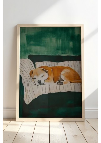 Battaniye Içinde Köpek Sanat Baskısı Ahşap Çerçeveli duvar tablosu