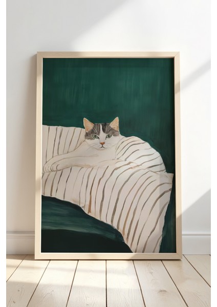 Soyut Kedi Sanatı Ahşap Çerçeveli Duvar Kedi Tablosu