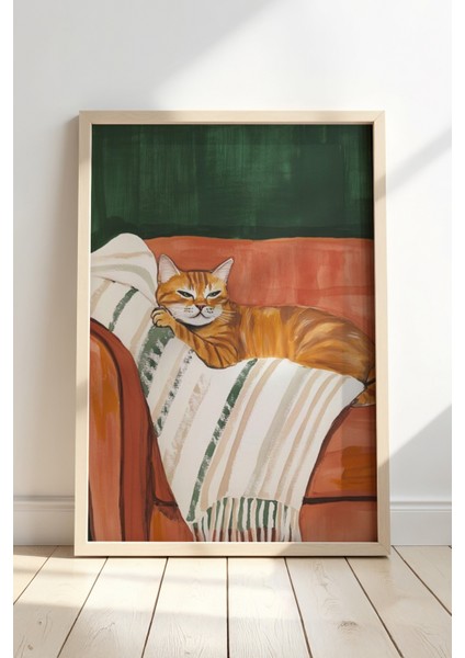 Soyut Kedi Sanatı Ahşap Çerçeveli Duvar Kedi Tablosu