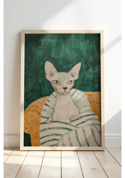 Sphynx Kedi Baskısı Ahşap Çerçeveli Duvar Kedi Tablosu