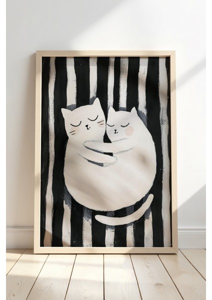 Soyut Kedi Sanatı Ahşap Çerçeveli Duvar Kedi Tablosu
