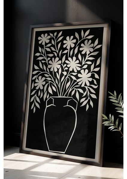 Çiçek Vazosu Siyah Beyaz Baskı Sanatı Ahşap Çerçeveli Duvar Tablosu