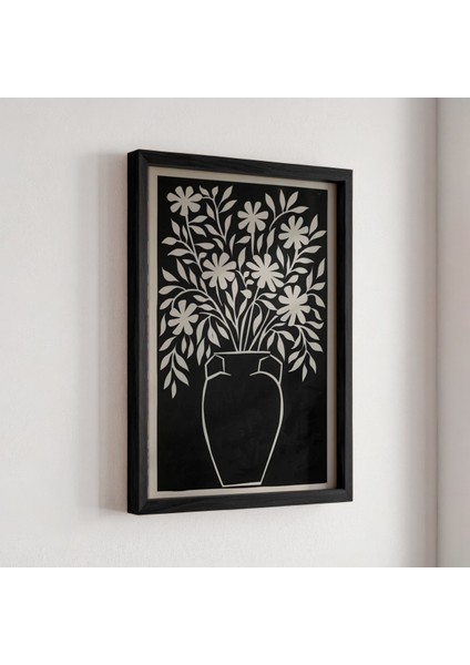 Çiçek Vazosu Siyah Beyaz Baskı Sanatı Ahşap Çerçeveli Duvar Tablosu fiyatları