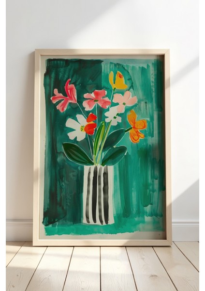 Renkli Çiçek Buketi Sanat Baskısı Duvar Sanatı Ahşap Çerçeveli Duvar Tablosu