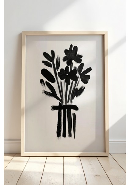 Çiçek Vazosu Siyah Beyaz Baskı Sanatı Ahşap Çerçeveli Duvar Tablosu