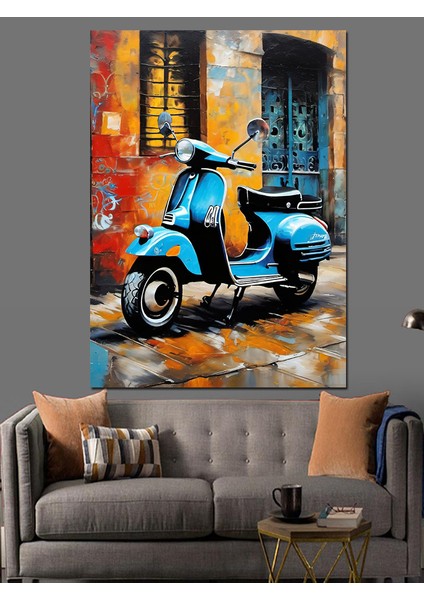 Mavi Scooter Motor Dekoratif Kanvas - Mdf Ahşap Tablo