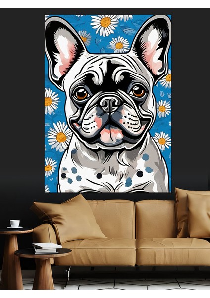 Pug Cinsi Köpek ve Papatya Dekoratif Kanvas - Mdf Ahşap Tablo