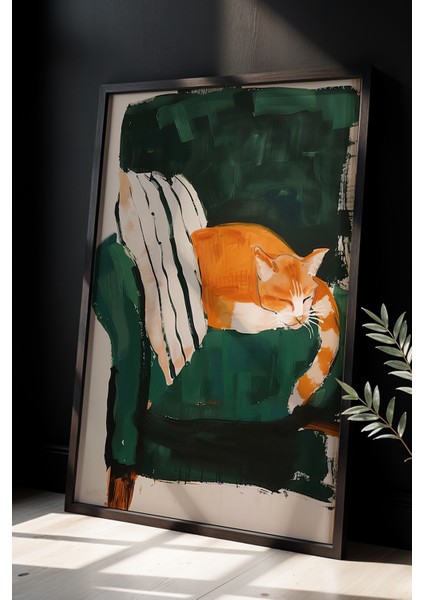 Soyut Kedi Sanatı Ahşap Çerçeveli Duvar Kedi Tablosu