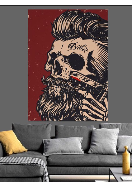 Berber Dükkanı Temalı Dekoratif Kanvas - Mdf Ahşap Tablo