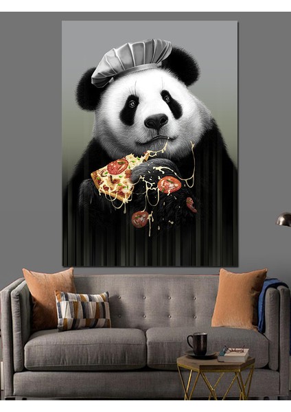 Pizza Yiyen Panda Dekoratif Kanvas - Mdf Ahşap Tablo