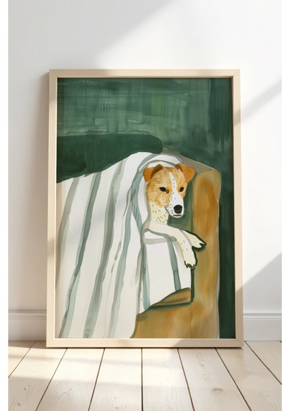 Battaniye Içinde Köpek Sanat Baskısı Ahşap Çerçeveli duvar tablosu