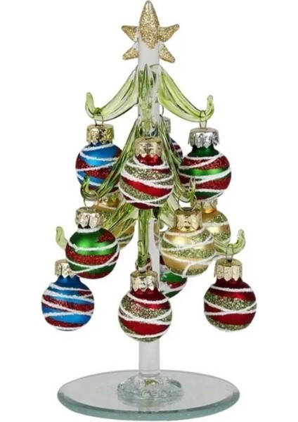 Yılbaşı Cam Yeşil Gold Yıldız Simli Çam Ağaç Poliserin Süslemeli 15X9X9CM Dıy Biblo Aynalı 1 Adet
