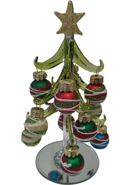 Yılbaşı Cam Yeşil Gold Yıldız Simli Çam Ağaç Poliserin Süslemeli 15X9X9CM Dıy Biblo Aynalı 1 Adet