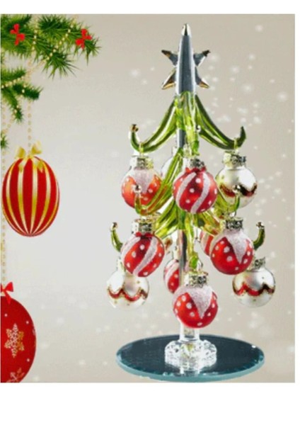 Yılbaşı Cam Yeşil Gold Yıldız Simli Çam Ağaç Poliserin Süslemeli 15X9X9CM Dıy Biblo Aynalı 1 Adet