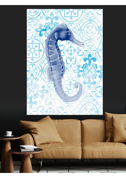 Deniz Atı ve Mavi Motifler Dekoratif Kanvas - Mdf Ahşap Tablo